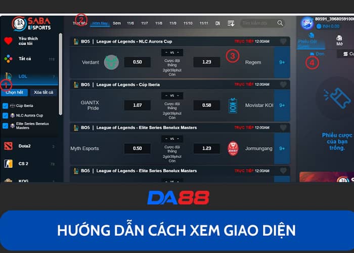 Giao diện Cá Cược Liên Minh Huyền Thoại tại Esports DA88