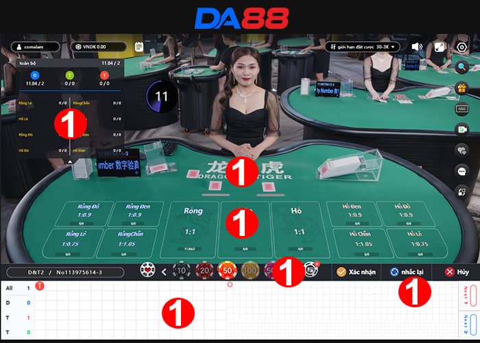 Giao diện đặt cược Rồng Hổ Online tại Live Casino DA88