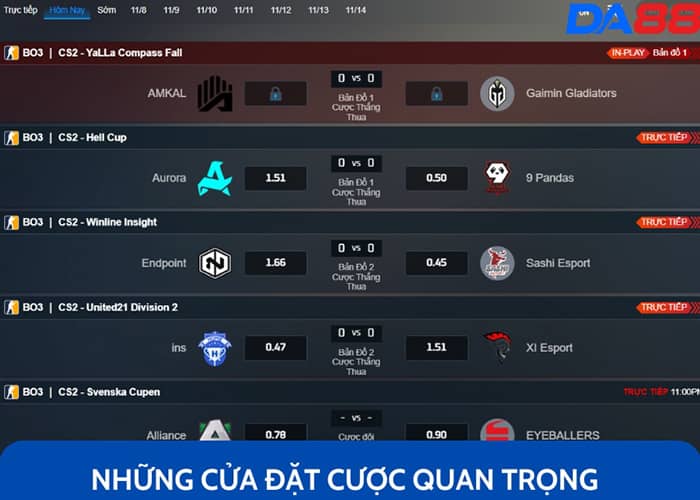 Các cửa đặt cược trong Cá Cược CSGO tại Esports DA88