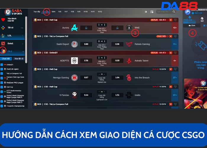 Giao diện trò chơi Cá Cược CSGO tại Esports DA88
